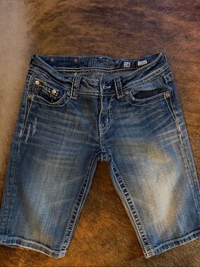 Miss Me Distressed Blue Denim Cropped Shorts